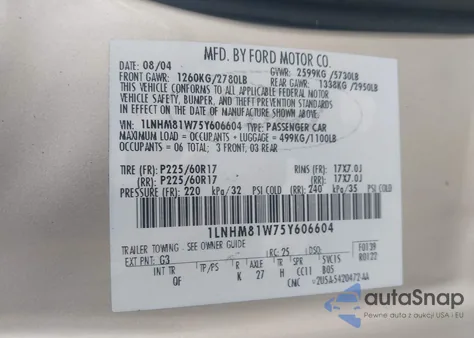 2005 Lincoln Town Car Signature z USA, uszkodzony, nr VIN 1LNHM81W75Y606604